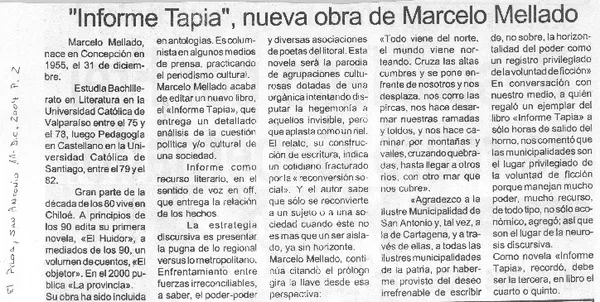 "Informe Tapia", nueva obra de Marcelo Mellado  [artículo]
