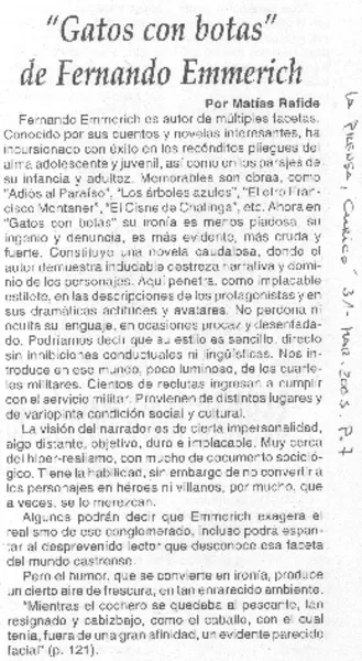 "Gatos con botas" de Fernando emmerich  [artículo] Matías Rafide.