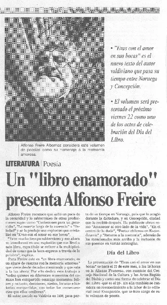 Un "Libro enamorado" presenta Alfonso Freire  [artículo]