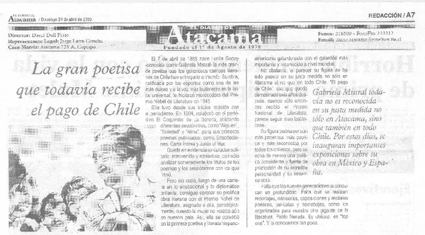 La Gran poetisa que todavía recibe el pago de Chile  [artículo]