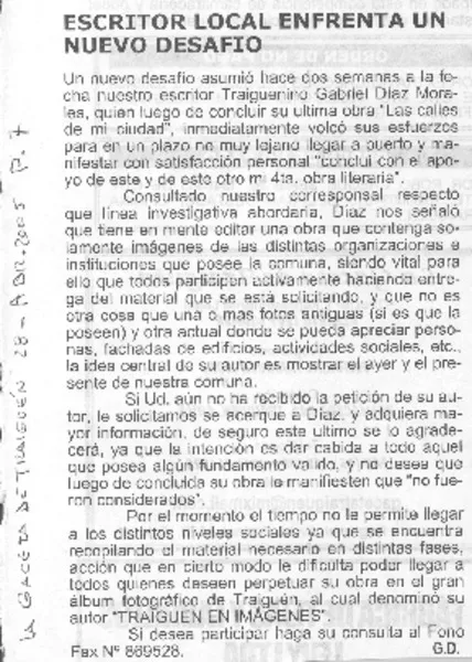 Escritor local enfrenta un nuevo desafío  [artículo] G. D.