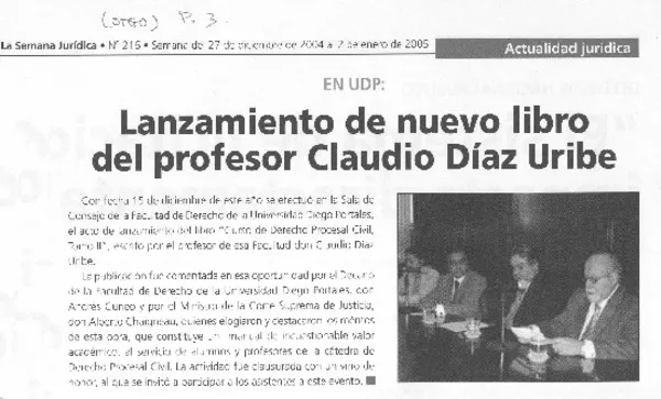 Lanzamiento de nuevo libro del profesor Claudio Díaz Uribe  [artículo]