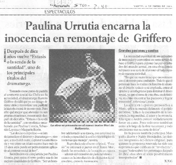 Paulina Urrutia encarna la inocencia en remontaje de Griffero  [artículo]