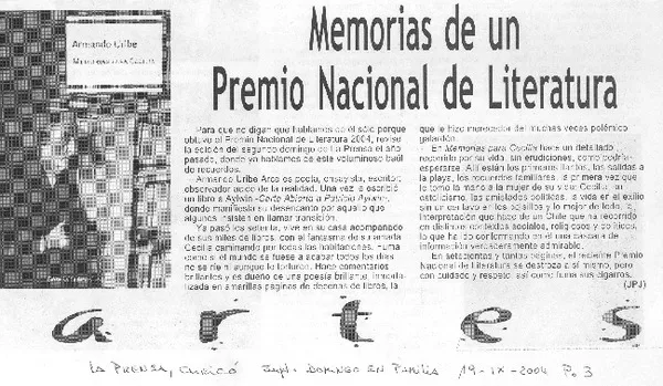 Memorias de un Premio Nacional de Literatura  [artículo] JPJ.