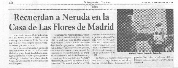 Recuerdan a Neruda en la Casa de Las Flroes  [artículo]