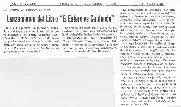 Lanzamiento del libro "El estero va cantando"  [artículo] JS