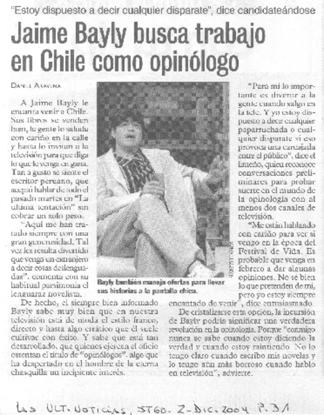 Jaime Bayly busca trabajo en chile como opinólogo  [artículo] Daniel Aravena