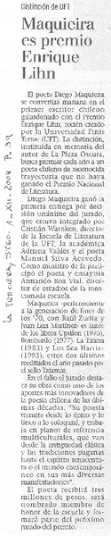 Maquieira es premio Enrique Lihn  [artículo]