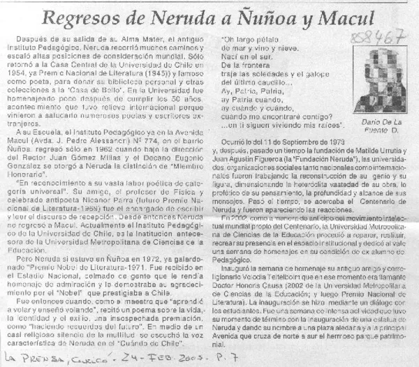 Regresos de Neruda a Ñuñoa y Macul  [artículo] Darío de la Fuente D.