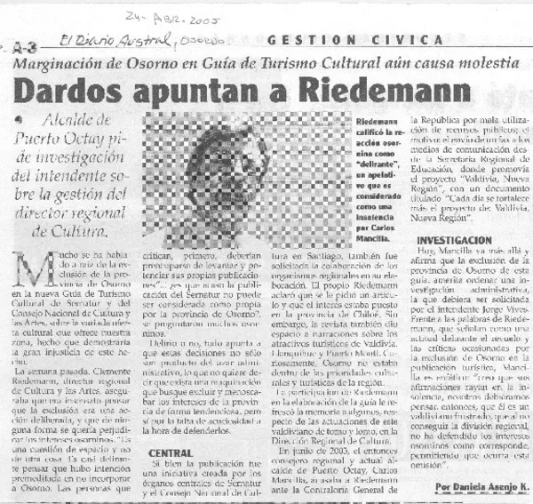 Dardos apuntan a Riedemann  [artículo] Daniela Asenjo K.
