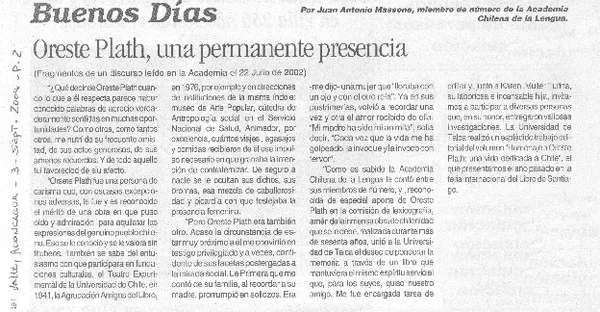 Oreste Plath, una permanente presencia  [artículo] Juan Antonio Massone