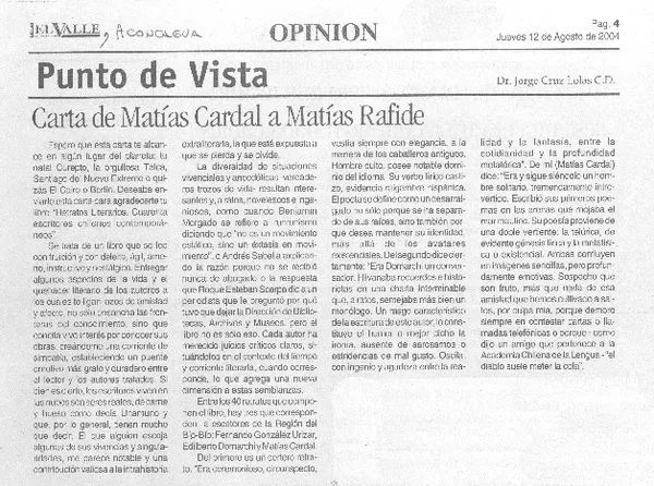 Cartas de Matías Cardal a Matías Rafide  [artículo] Jorge Cruz Lolas