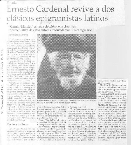 Ernesto Cardenal revive a dos clásicos epigramistas latinos  [artículo] Maureen Lennon Zaninovic