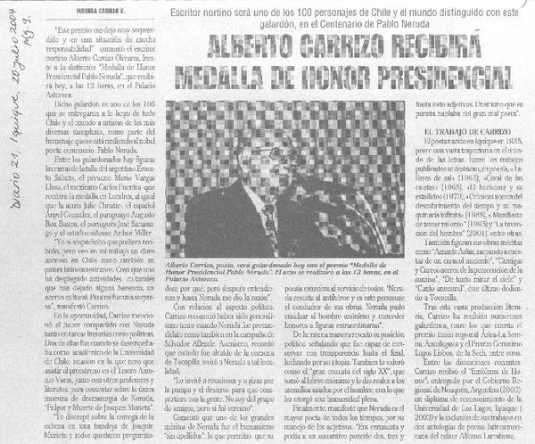 Alberto Carrizo recibirá medalla de honor presidencial  [artículo] Mariela Cabello V.