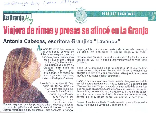 Viajera de rimas y prosas se afincó en La Granja  [artículo]