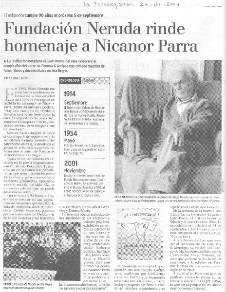 Fundación Neruda rinde homenaje a Nicanor Parra  [artículo] Andrés Gómez Bravo.