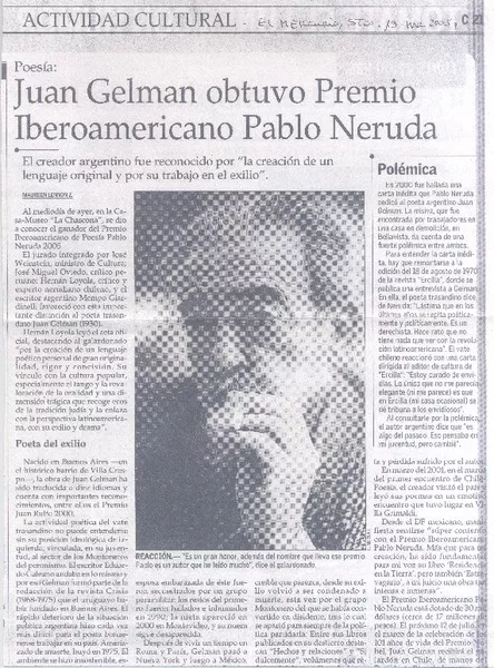 Juan Gelman obtuvo Premio Iberoamericano Pablo Neruda  [artículo] Maureen Lennon Z.
