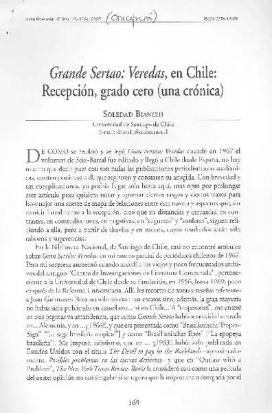 Grande sertao : veredas, en Chile : recepción, grado cero (una crónica) [artículo] Soledad Bianchi