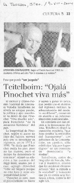 Teitelboim: "Ojalá Pinochet viva más"  [artículo]