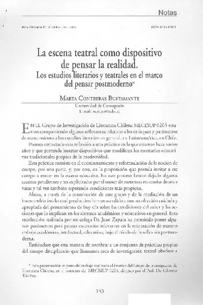 La escena teatral como dispositivo de pensar la realidad  [artículo] Marta Contreras Bustamante