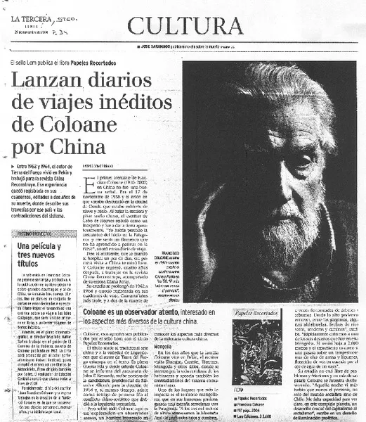 Lanzan diarios de viajes inéditos de Coloane por China  [artículo] Andrés Gómez Bravo