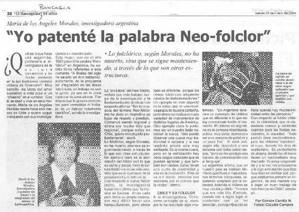 Yo patenté la palabra neo-folclor  [artículo] Claudia Candia M.