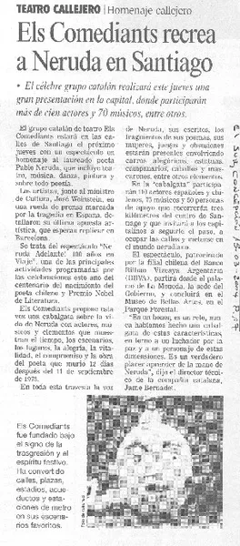 Els Comediants recrea a Neruda en Santiago  [artículo]