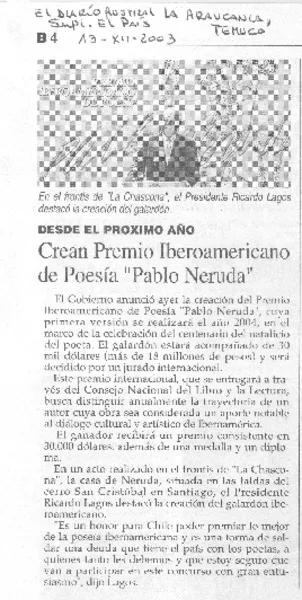 Crean Premio Iberoamericano de Poesía "Pablo Neruda"  [artículo]