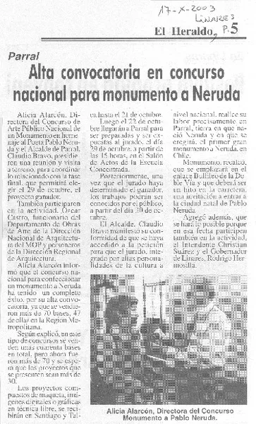 Alta convocatoria en concurso nacional para monumento a Neruda  [artículo]