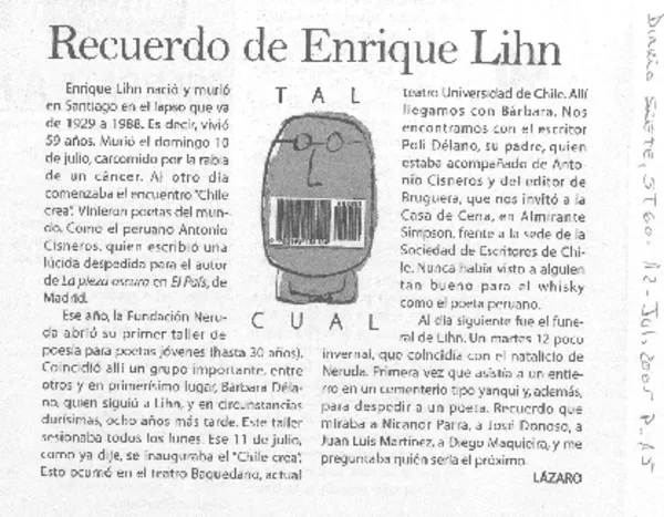 Recuerdo de Enrique Lihn  [artículo] Lázaro