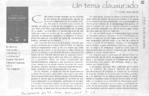 Un tema clausurado  [artículo] Loreto Rebolledo.
