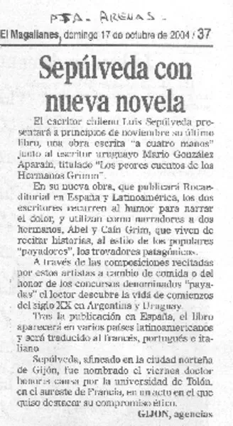 Sepúlveda con nueva novela  [artículo]