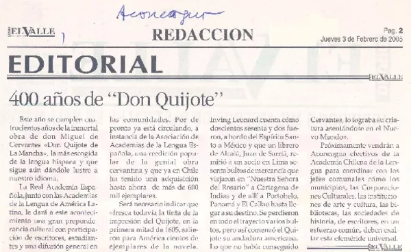 400 años de "Don Quijote."  [artículo]