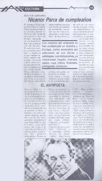 Este 5 de septiembre Nicanor Parra de cumpleaños  [artículo]
