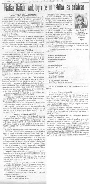 Matías Rafide: Antologia de un habitar las palabras.  [artículo] Hugo Metzdorff Navarrete