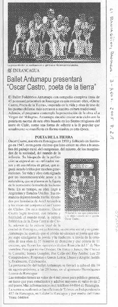 Ballet Antumapu presentará "Óscar Castro, poeta de la tierra"  [artículo]