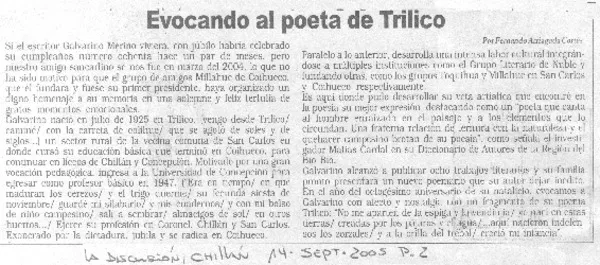 Evocando al poeta de Trilico.  [artículo] Fernando Arriagada Cortés