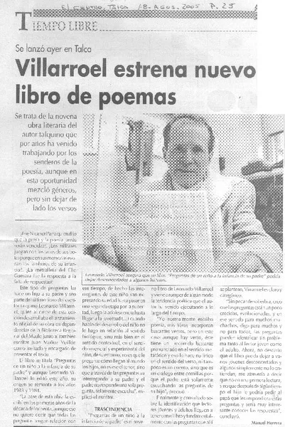 Villarroel estrena nuevo libro de poemas.  [artículo] Manuel Herrera