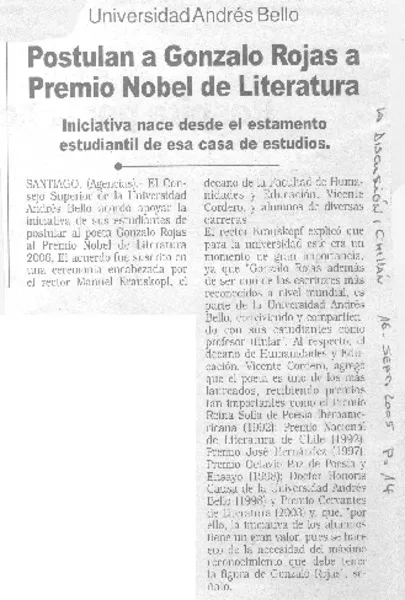Postulan a Gonzalo Rojas a Premio Nobel de Literatura.  [artículo]