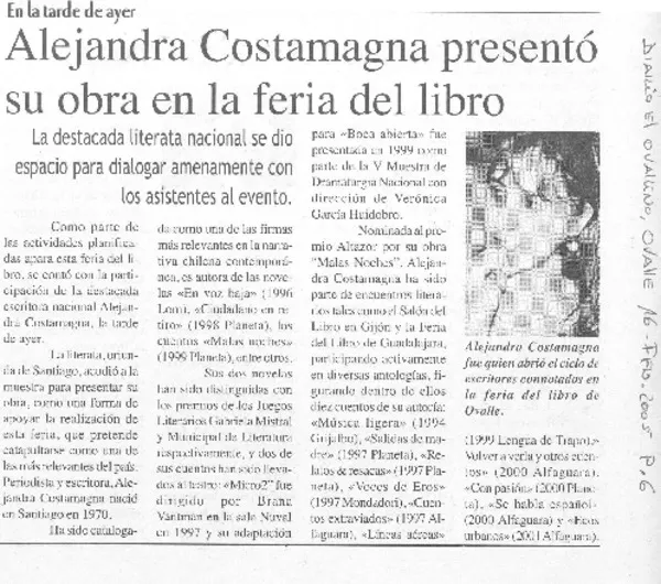 En la tarde de ayer Alejandra Costamagna presentó su obra en la feria del libro  [artículo]