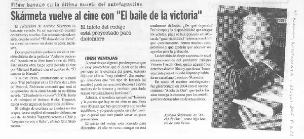 Filme basado en la última novela del antofagastino : Skármeta vuelve al cine con "El baile de la victoria" [artículo]