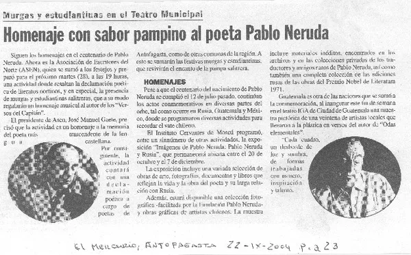 Homenaje con sabor pampino al poeta Pablo Neruda  [artículo]