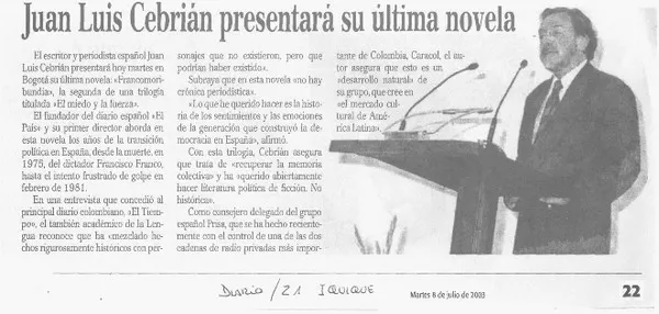Juan Luis Cebrián presentará su última novela.  [artículo]