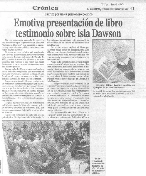 Emotiva presentación de libro testimonio sobre isla Dawson.  [artículo]