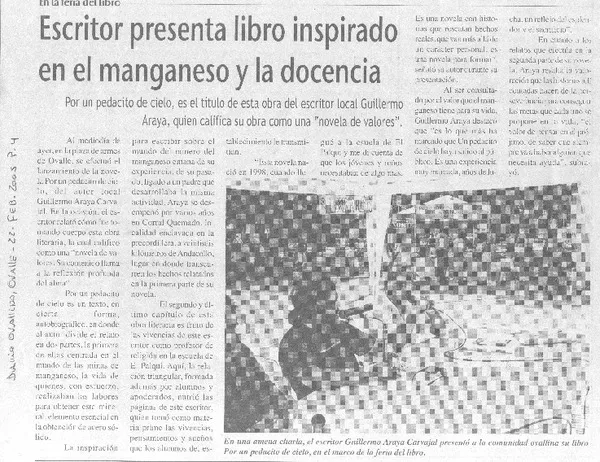 Escritor presenta libro inspirado en el manganeso y la docencia.  [artículo]