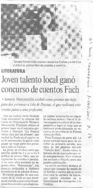 Joven talento local ganó concurso de cuentos Fach.  [artículo]