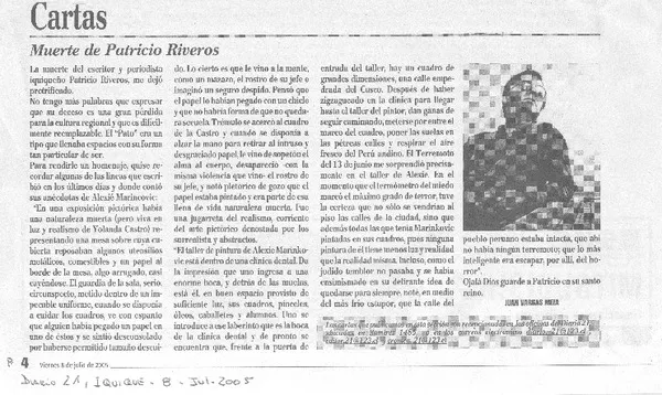 Muerte de Patricio Riveros.  [artículo] Juan Vargas Meza