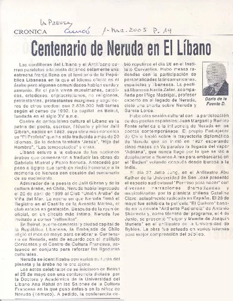 Centenario de Neruda en el Líbano  [artículo] Darío de la Fuente D.