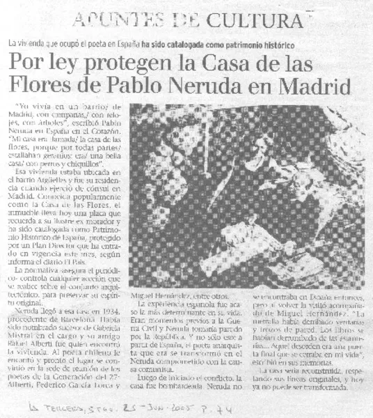 Por ley protegen la Casa de las Flores de Pablo Neruda en Madrid.  [artículo]