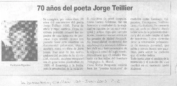 70 años del poeta Jorge Teillier  [artículo] Ramón Riquelme.